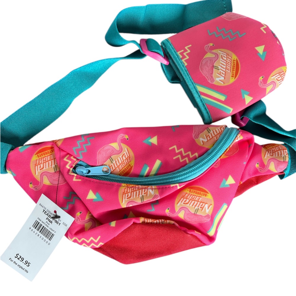 Tipsy Elves Buckle Vibrant Pink Flamingo Natural Light Fanny Pack w Drink Cozy